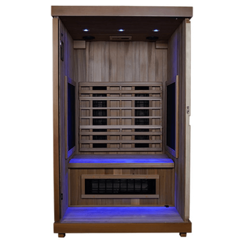 Finnmark Fd-2 Full-Spectrum Infrared Sauna Inside Front View with Blue Light