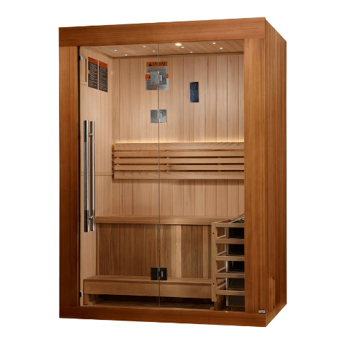 Right side view of the Golden Designs Sundsvall 2-Person Traditional Sauna made of red cedar