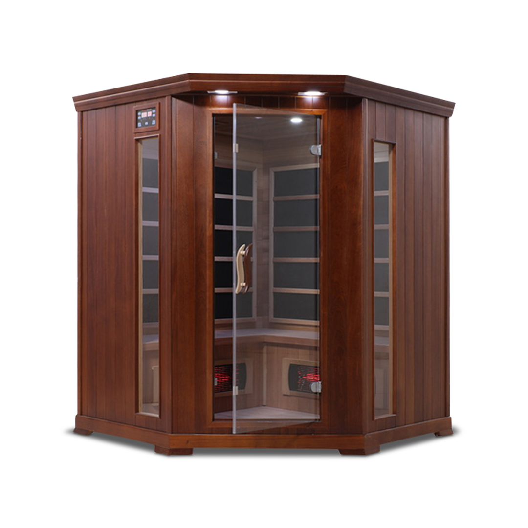 Front view of the Healthsmart 4-person full spectrum corner infrared sauna with hemlock finish, glass door, and windows, showcasing the interior view.