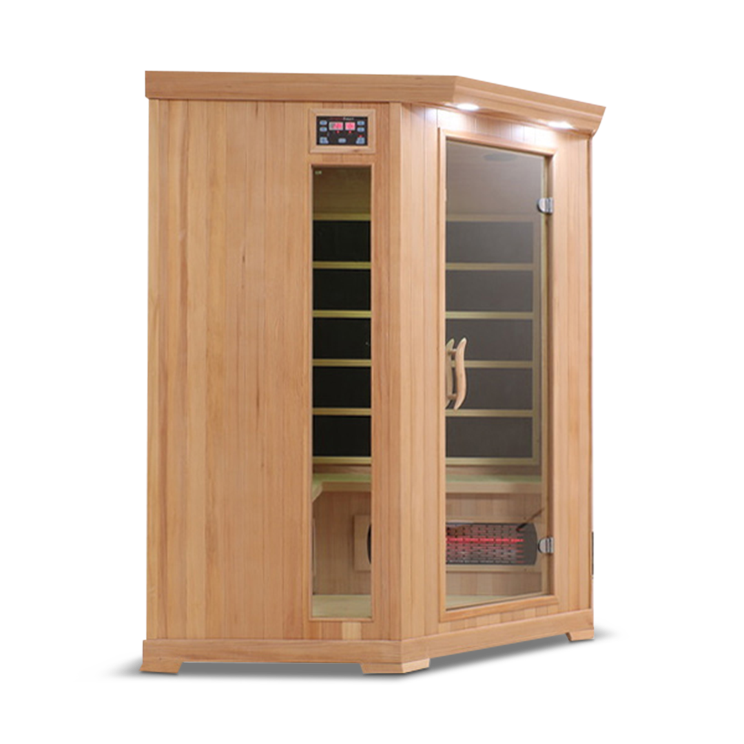Side view of the Healthsmart 4-person full spectrum corner infrared sauna with cedar finish, glass door, and windows, showcasing the interior view.