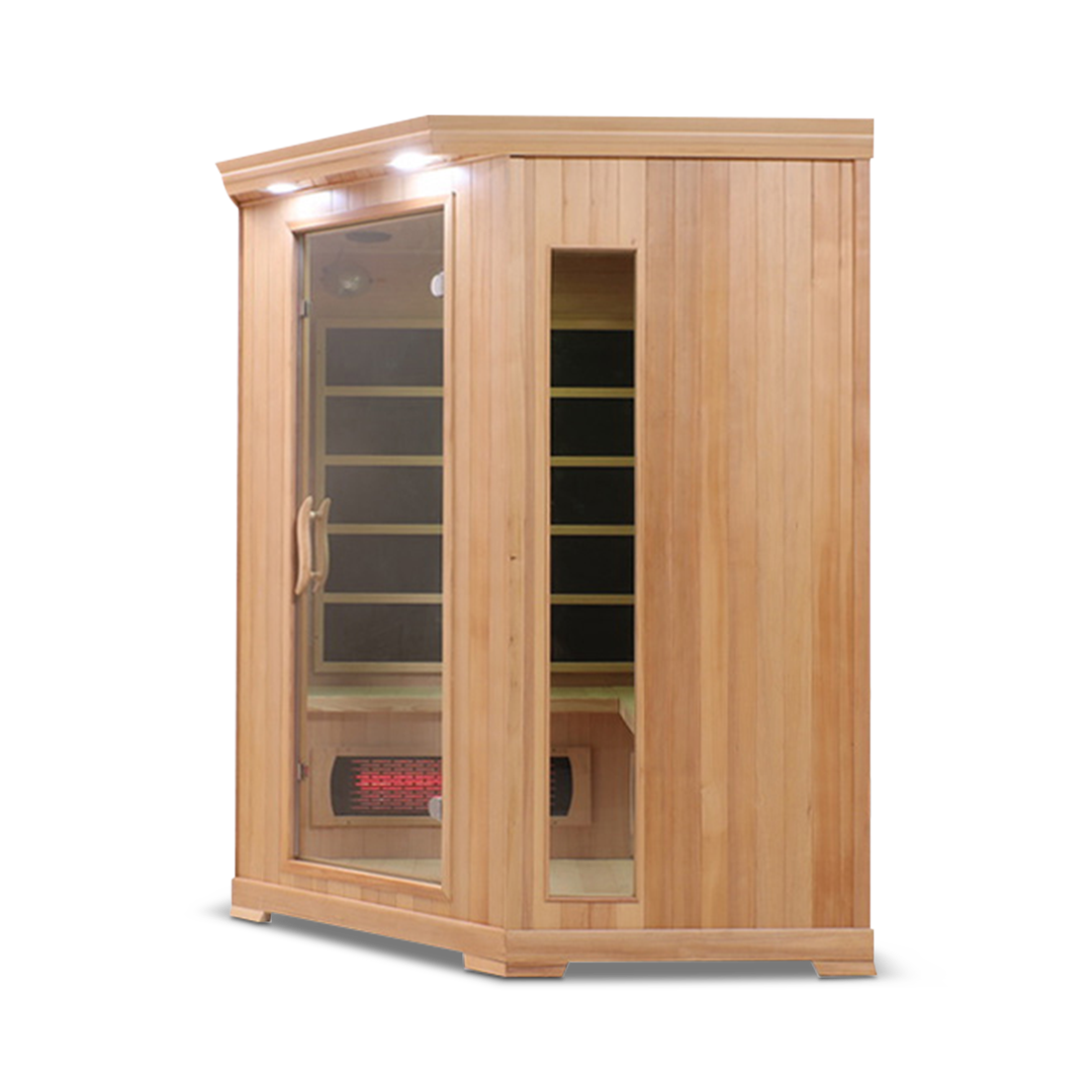 Right side view of the Healthsmart 4-person full spectrum corner infrared sauna with cedar finish, glass door, and windows, showcasing the interior view.