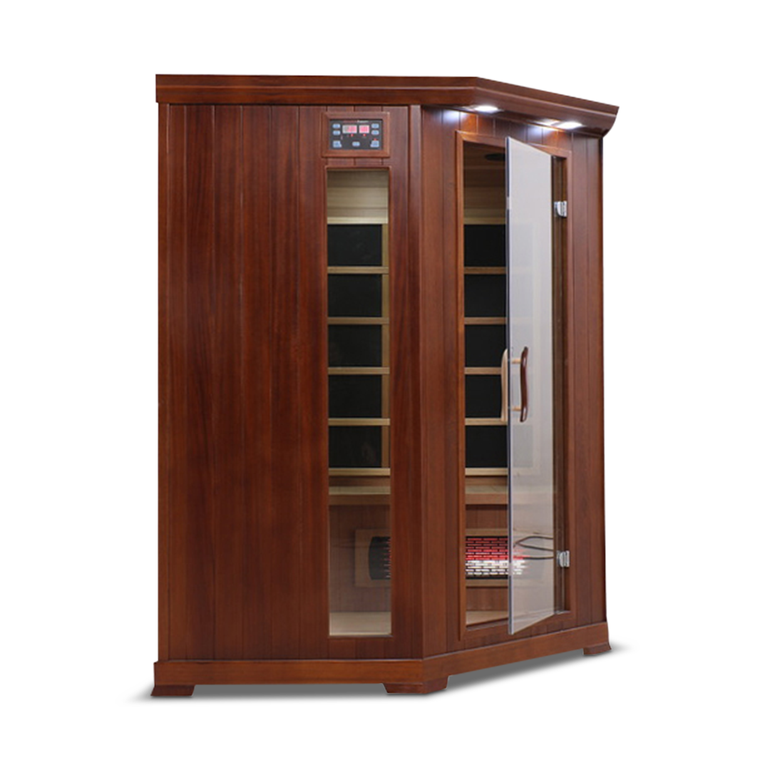 Left side view of the Healthsmart 4-person full spectrum corner infrared sauna with hemlock finish, glass door, and windows, showcasing the interior view.