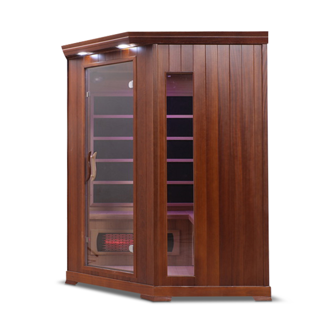 Right side view of the Healthsmart 4-person full spectrum corner infrared sauna with hemlock finish, glass door, and windows, showcasing the interior view.