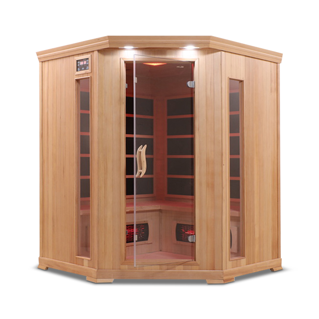 Front view of the Healthsmart 4-person full spectrum corner infrared sauna with cedar finish, glass door, and windows, showcasing the interior view.