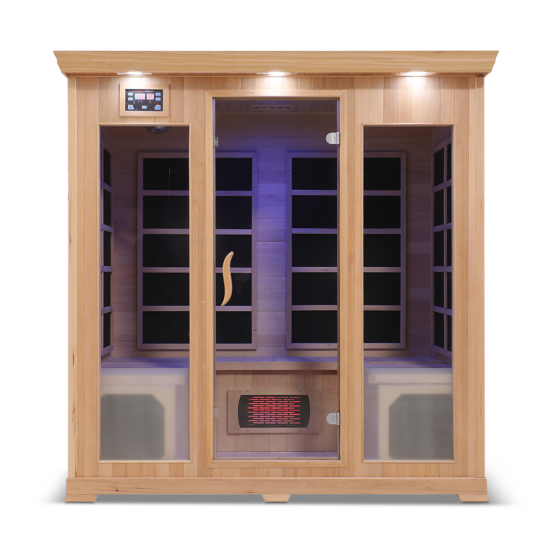 Front view of the Healthsmart 4-person full spectrum infrared sauna featuring a cedar finish, glass door, and windows.