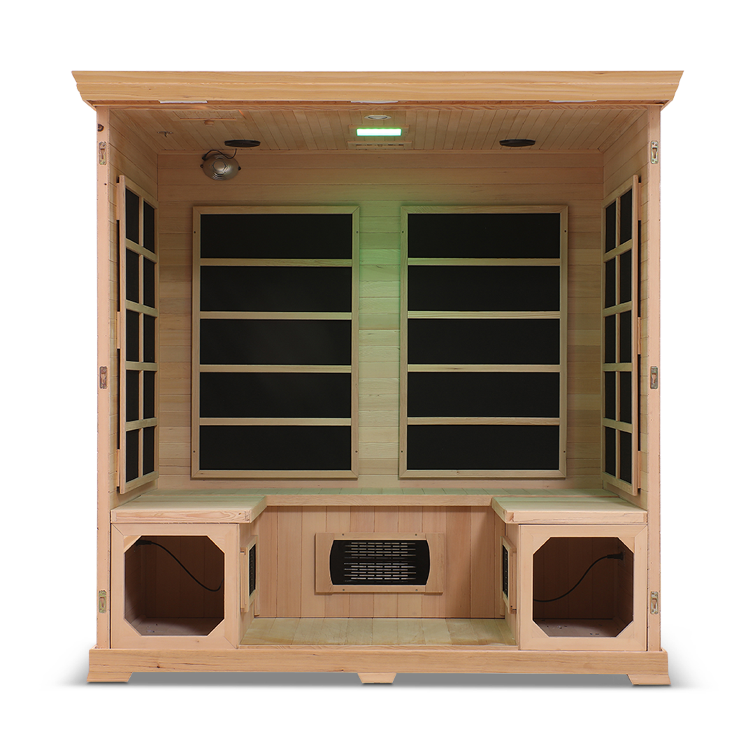 Front view of the Healthsmart 4-person full spectrum infrared sauna with cedar finish and the door open, showcasing its interior design and infrared sauna components.