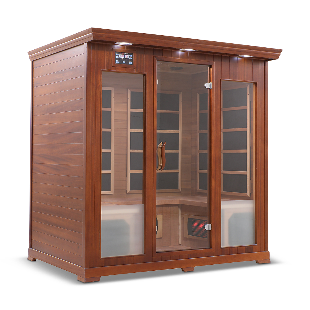Front and semi-left side view of the Healthsmart 4-person full spectrum infrared sauna featuring a hemlock finish, glass door, and windows, with the interior view visible.