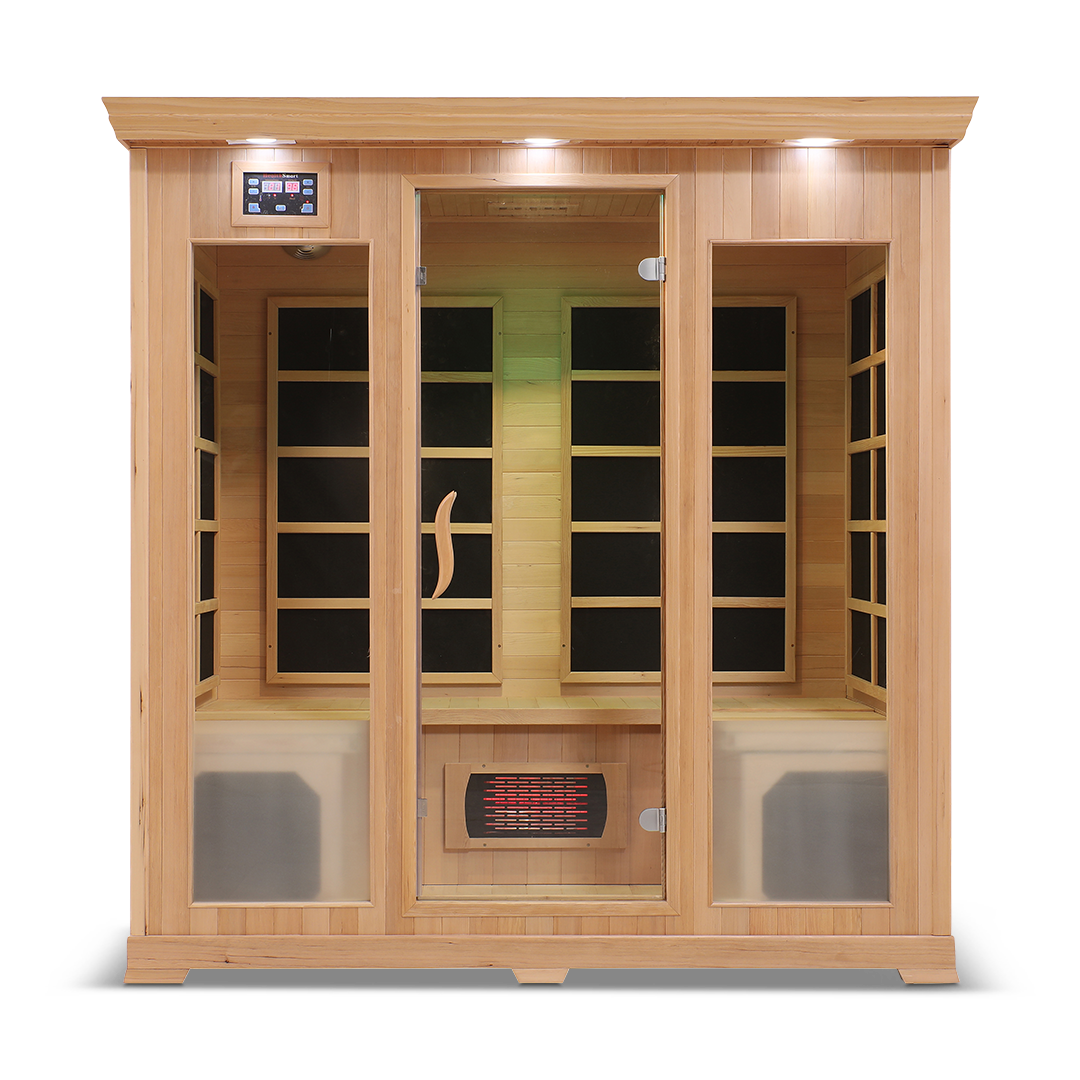 Front view of the Healthsmart 4-person full spectrum infrared sauna with cedar finish, glass door, and windows, showcasing the interior view.