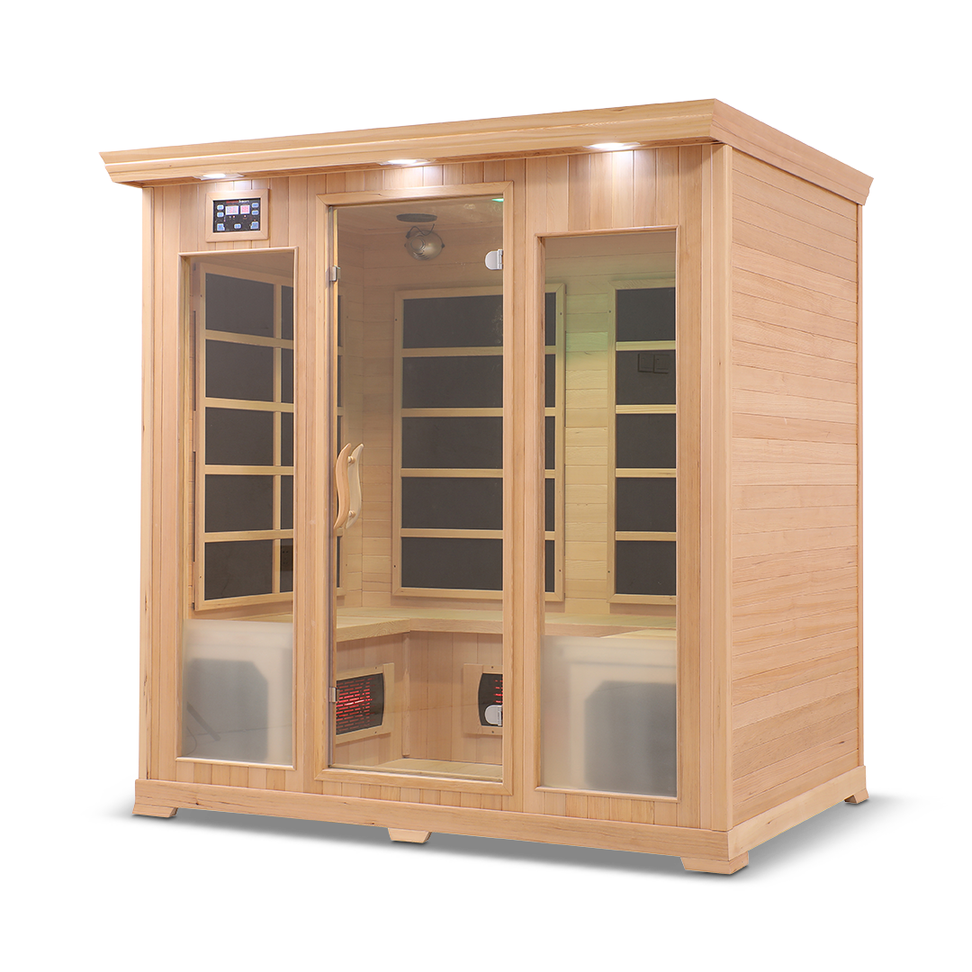 Front and semi-right side view of the Healthsmart 4-person full spectrum infrared sauna featuring a cedar finish, glass door, and windows, with the interior view visible.