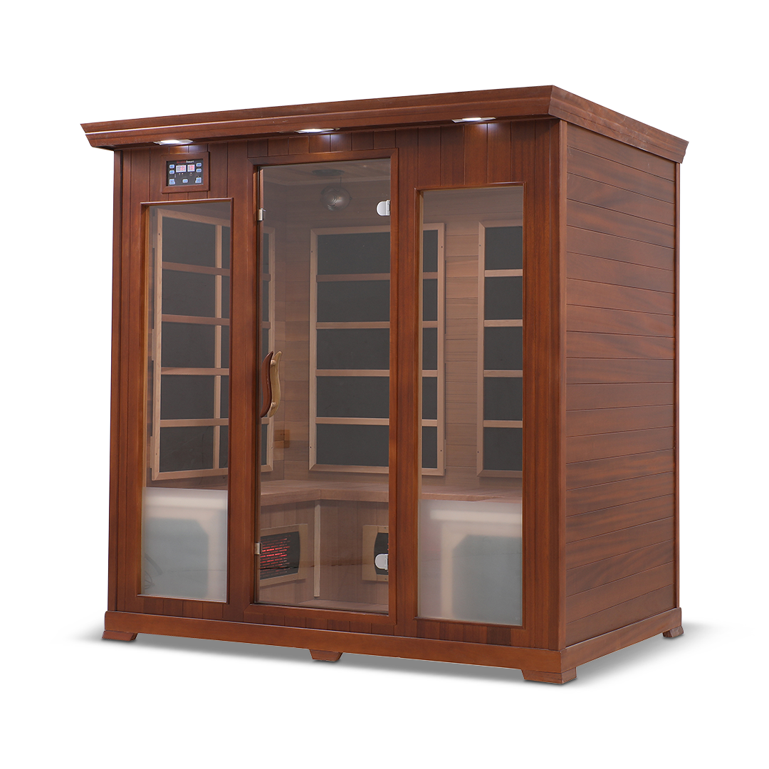 Front and semi-right side view of the Healthsmart 4-person full spectrum infrared sauna featuring a hemlock finish, glass door, and windows, with the interior view visible.