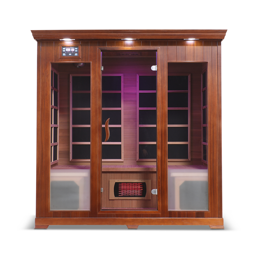 Front view of the Healthsmart 4-person full spectrum infrared sauna with a hemlock finish, glass door, and windows, showcasing the interior view.