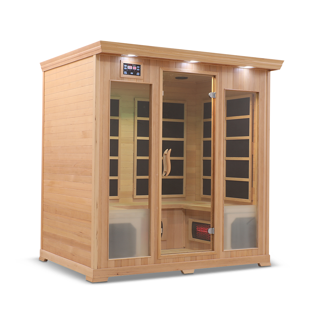 Front and semi-left side view of the Healthsmart 4-person full spectrum infrared sauna featuring a cedar finish, glass door, and windows, with the interior view visible.
