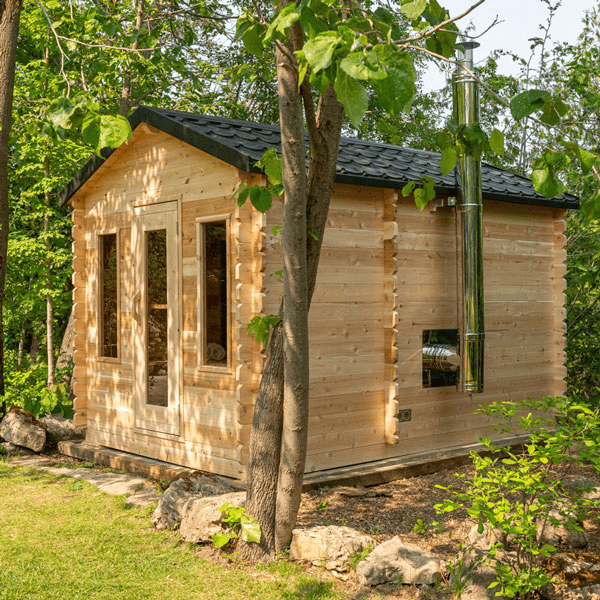 Front and right side view of the Georgian Cabin Sauna with Changing Room