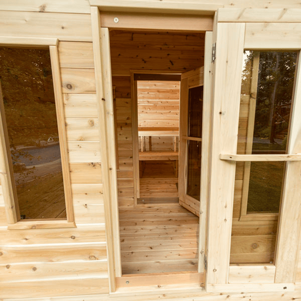 View of the Georgian Cabin Sauna with Changing Room and open door