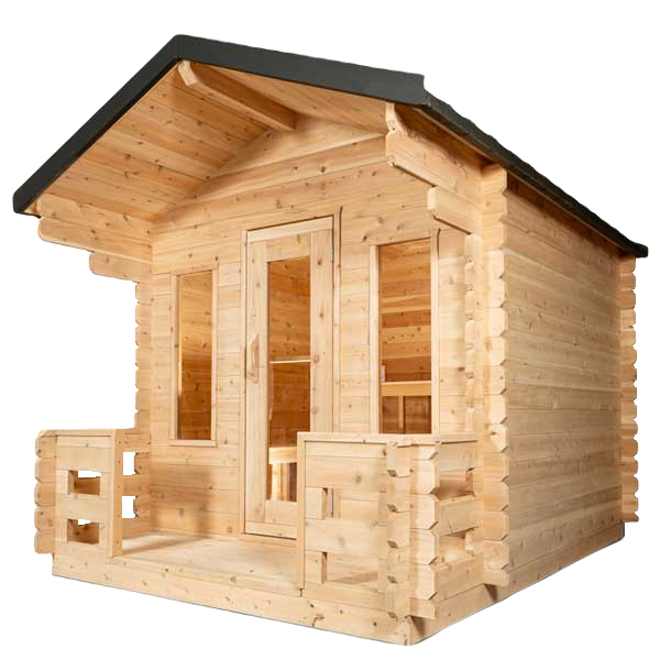 Georgian Cabin Sauna with Porch - Front and Right Side View