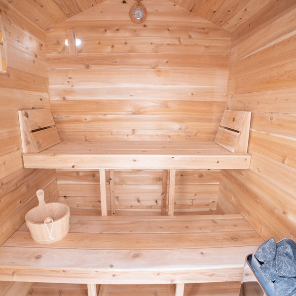 Inside view of the Granby Cabin Sauna featuring two benches