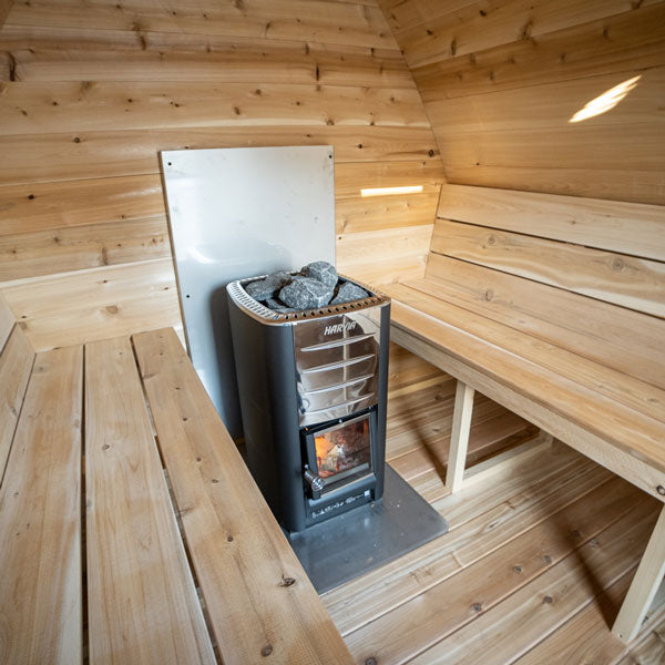 Top angle inside view of a Mini POD Sauna featuring the sauna heater.