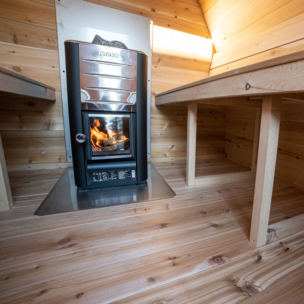 Inside view of a Mini POD Sauna featuring the sauna heater.