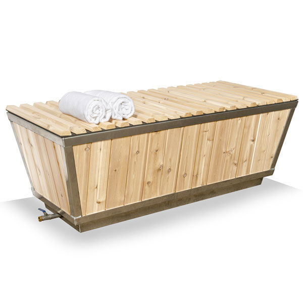 ide view of the Polar Plunge Tub with an open design, featuring a cover at the top and a towel placed on it.