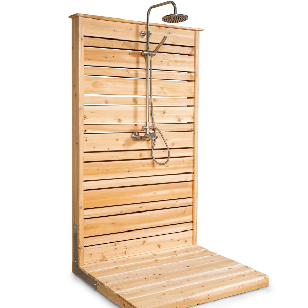 Close semi-side view of the Savannah Outdoor Shower, showcasing its elegant design and surrounding landscape.