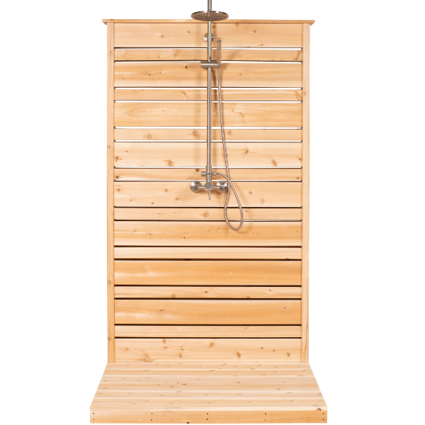 Distant front view of the Savannah Outdoor Shower featuring a cedar pillar, highlighting its rustic charm and outdoor aesthetics.