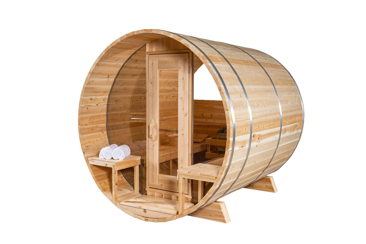 Front and semi-right side view of the Serenity MP Barrel Sauna, featuring a porch, glass door, and windows.