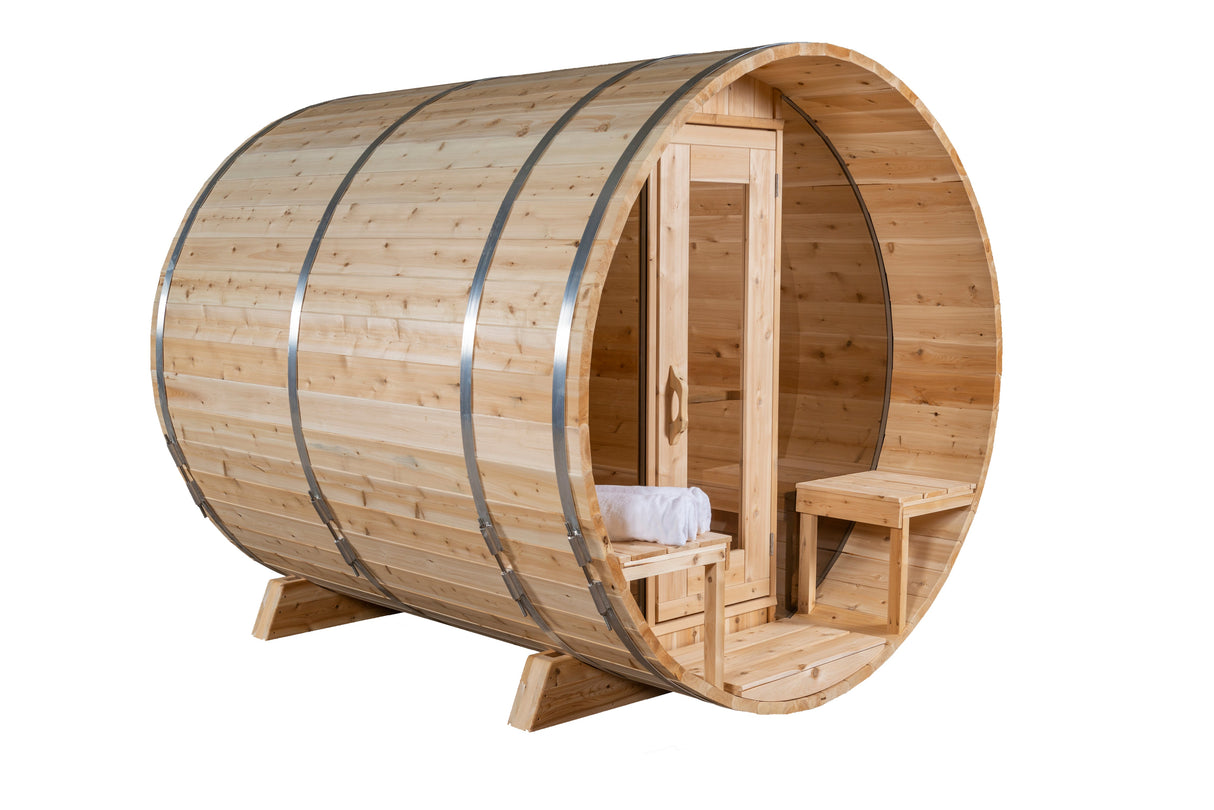 Front and left side view of the Serenity MP Barrel Sauna, showcasing a porch, glass door, and windows.