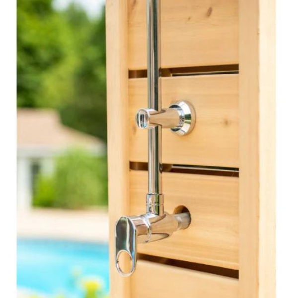 Detailed view of the pipe of the Sierra Outdoor Shower, showcasing its construction and design.