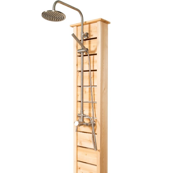 Close-up view of the Sierra Outdoor Shower, showcasing the wooden cedar post and detailing in its design.