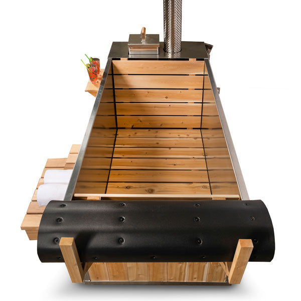 Vertical view of the Starlight Hot Tub, showcasing the cedar interior and highlighting its warm, natural finish.