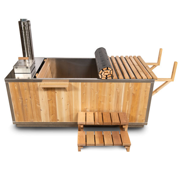 Semi-covered view of the Starlight Hot Tub, highlighting its side view with stairs for easy access.