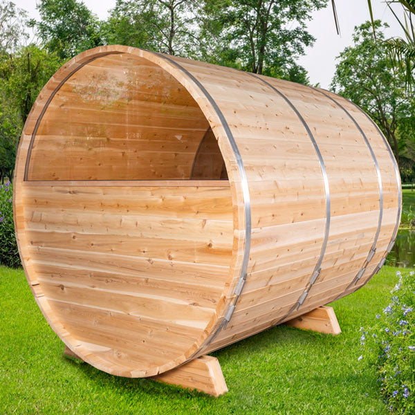 Back and right side view of the Tranquility MP Barrel Sauna, showcasing its design and features.