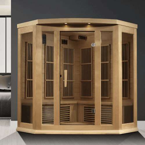 Lifestyle view of the Golden Designs Maxxus 3-Person Near Zero EMF Corner Sauna