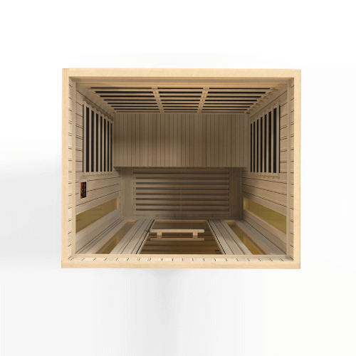 Top angle view of the interior of the Golden Designs Maxxus Trinity Dual Tech Low EMF Sauna