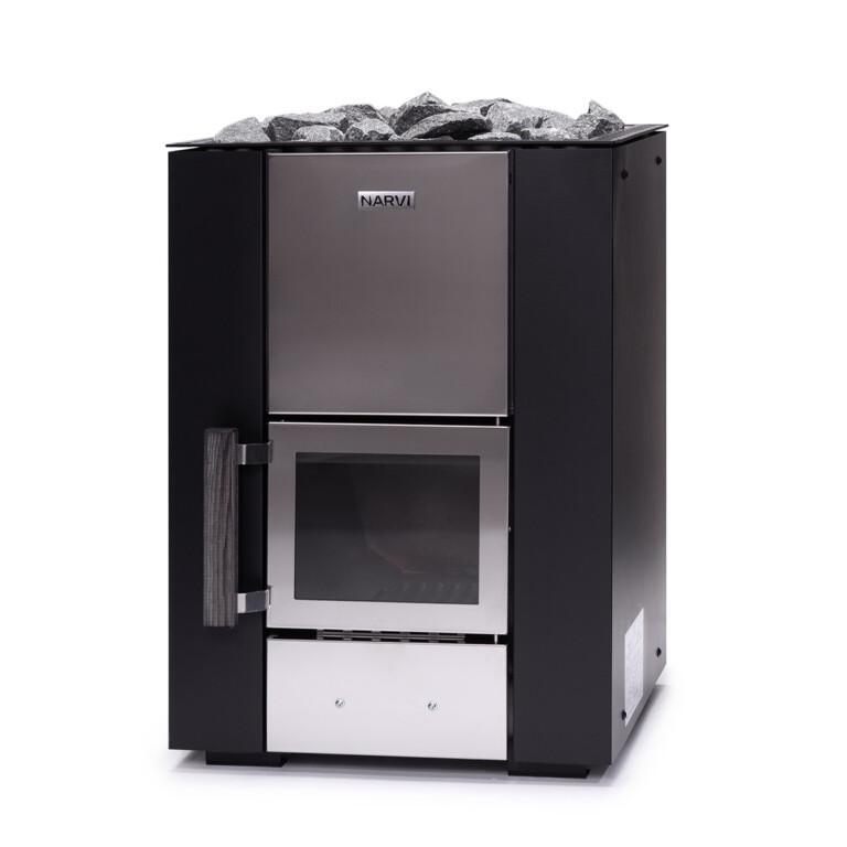 Semi-Right side and front view of the Narvi Kuru in a black and stainless steel finish.