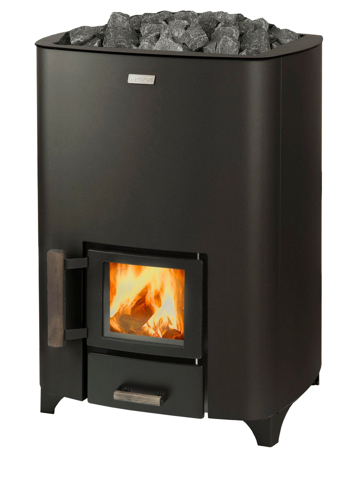 A slightly angled front and side view of a black wood-burning sauna heater with a cylindrical design, showcasing its door and control features.