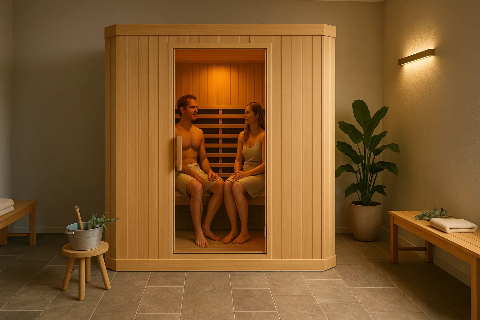 Spacious 4-person cedar sauna in a stylish home wellness room with natural decor and soft ambient lighting.