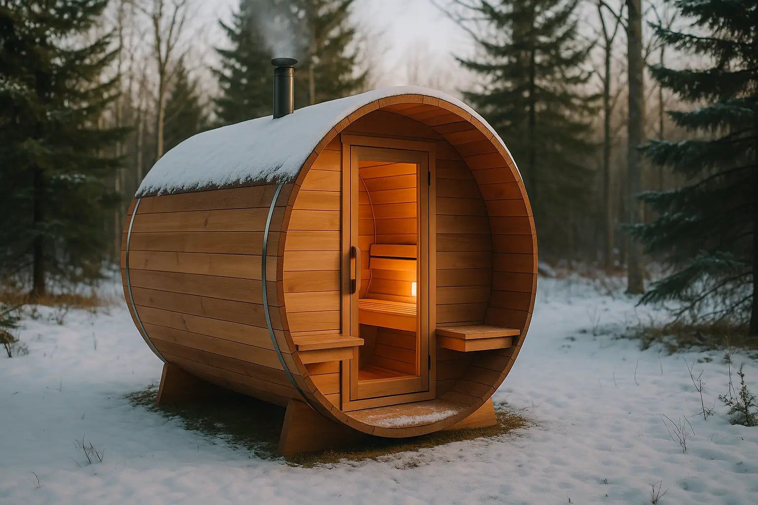 Photorealistic cedar barrel sauna in a snowy forest with warm interior glow, chimney steam, and serene outdoor setting.