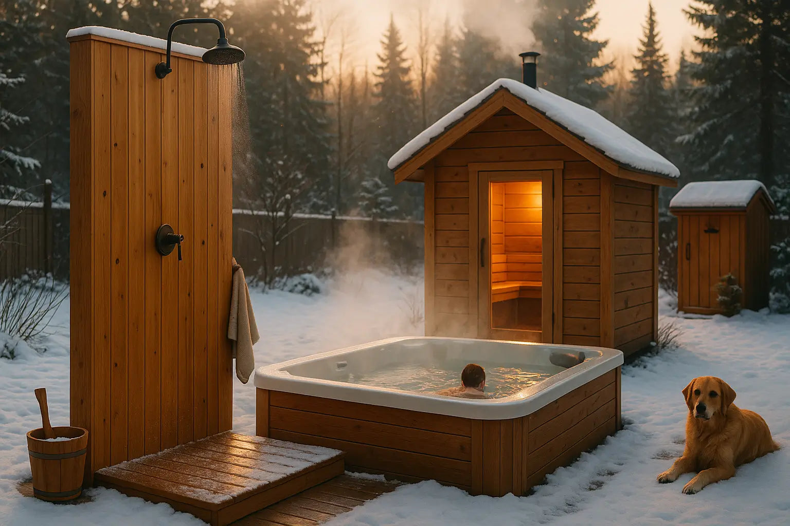 Outdoor cedar shower beside glowing sauna and hot tub in a snowy Canadian backyard at sunrise, with steam and rustic winter ambiance.