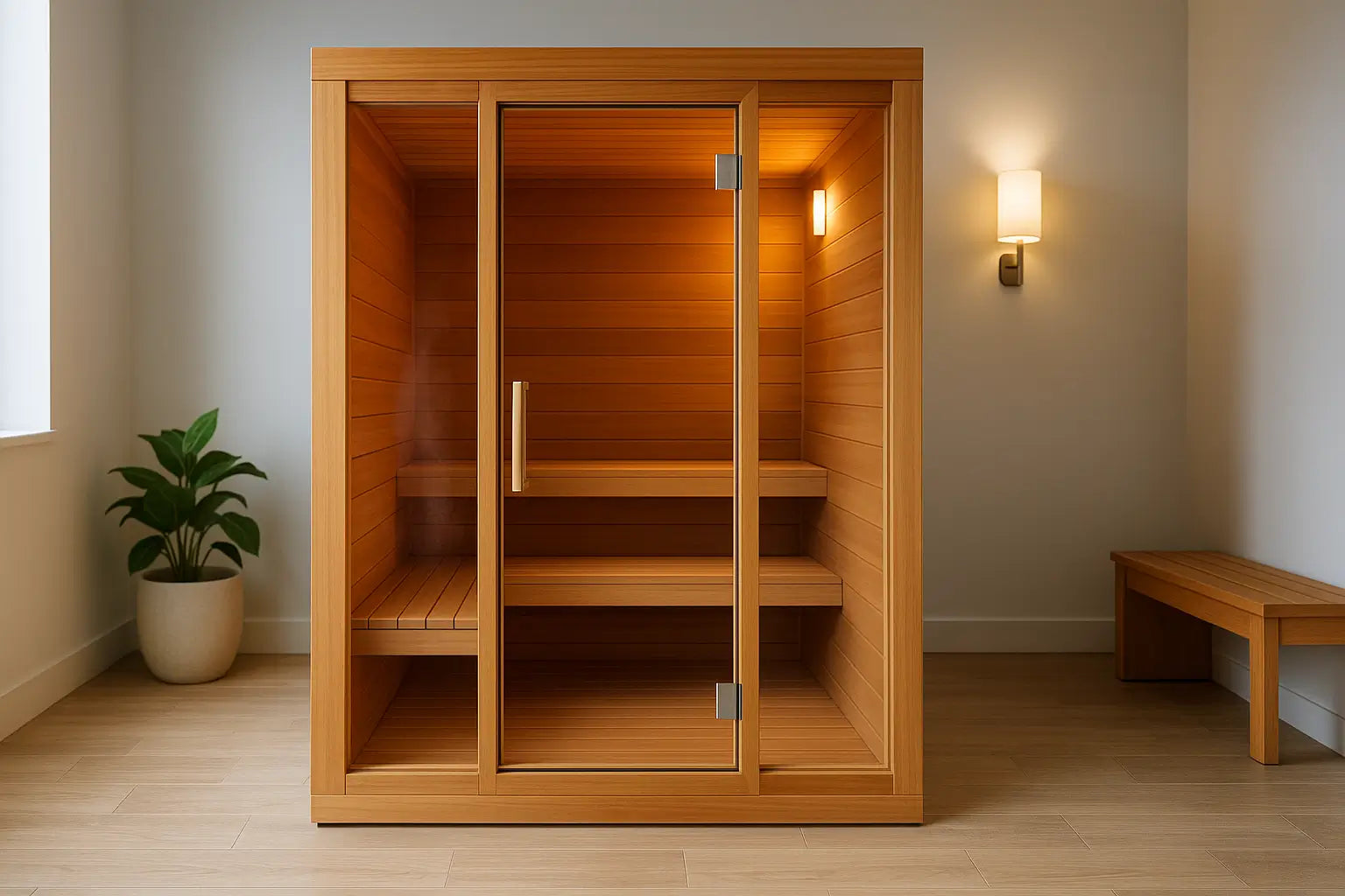 Compact indoor cedar sauna with glass door, soft lighting, and sleek wood paneling in a modern Canadian home