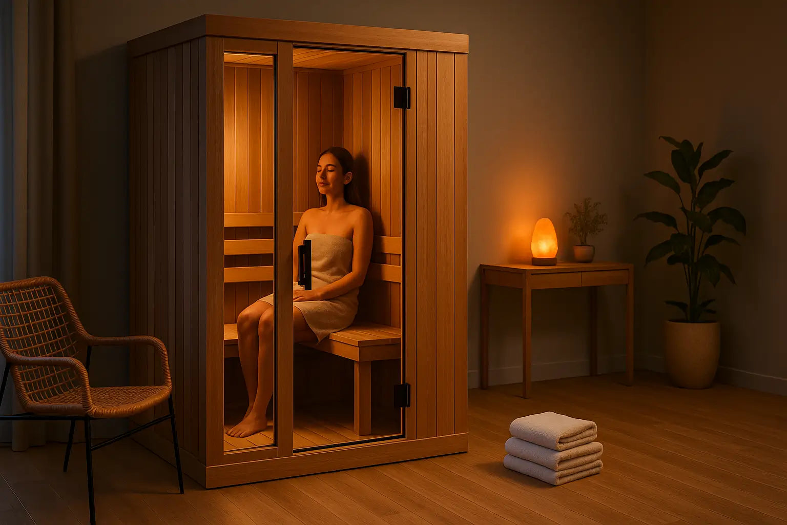 Compact cedar sauna for 1–2 people installed in a modern apartment wellness nook with warm lighting and spa decor.