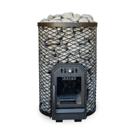 Cozy Heat O12 Wood Burning Sauna Stove Front View with stones