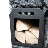 Cozy Heat COZYOTW18 Thru-Wall Sauna Stove Open View with Wood