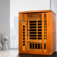 Golden Designs Dynamic Bellagio Low EMF Infrared Sauna in an elegant lifestyle setting