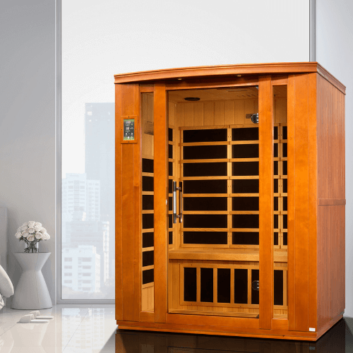 Golden Designs Dynamic Bellagio Low EMF Infrared Sauna in an elegant lifestyle setting