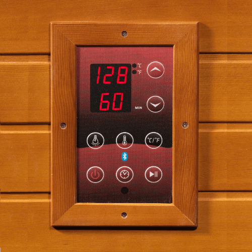 Close-up view of the control panel of the Golden Designs Dynamic Bellagio Low EMF Infrared Sauna