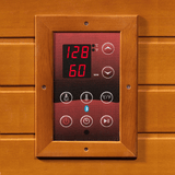 Close-up view of the control panel of the Golden Designs Dynamic Bellagio Low EMF Infrared Sauna