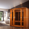 Golden Designs Dynamic Bergamo Low EMF Infrared Sauna in a stylish lifestyle setting