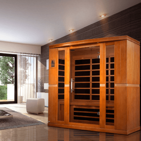 Golden Designs Dynamic Bergamo Low EMF Infrared Sauna in a stylish lifestyle setting