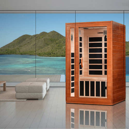 A lifestyle view of the Golden Designs Dynamic Cordoba Elite Ultra Low EMF sauna